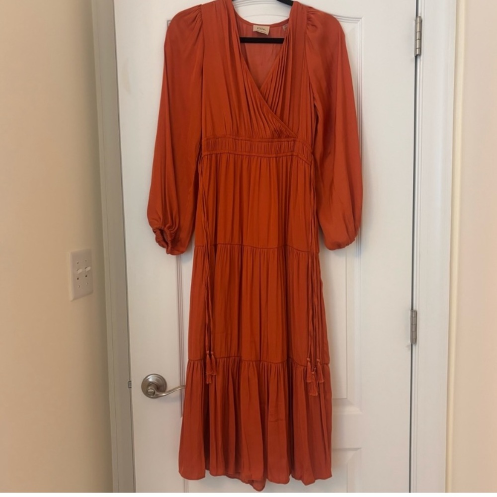 Burnt Orange Elie Tahari V-Neck Tiered Dress